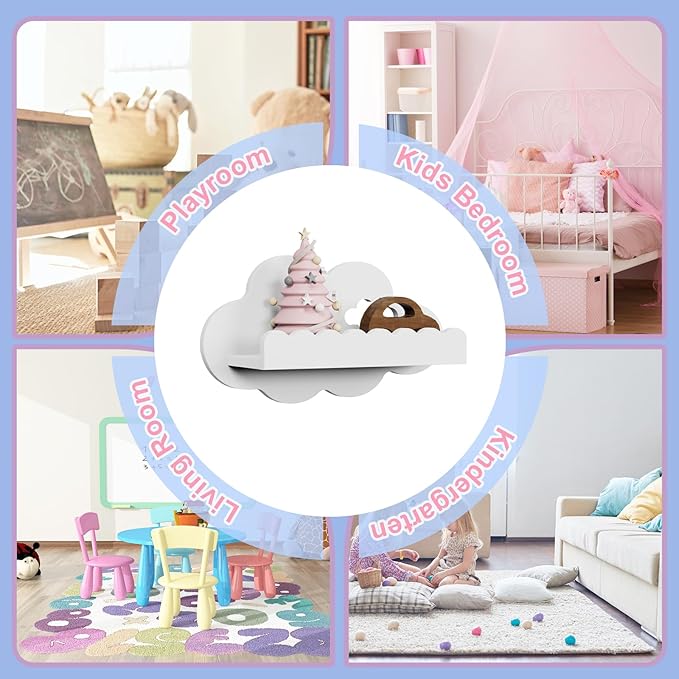 NACHES 3-Piece Floating Bookshelf - Scalloped White Cloud Wooden Wall Shelves, Kids Room/Nursery Decor for Books & Picture, Easy to Mount Display Shelves