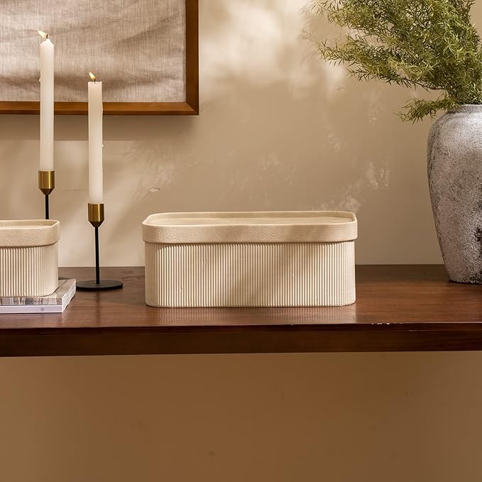 LA JOLIE MUSE Storage Basket Set of 3 with Leather Lids Fluted Cardboard - Light Grey