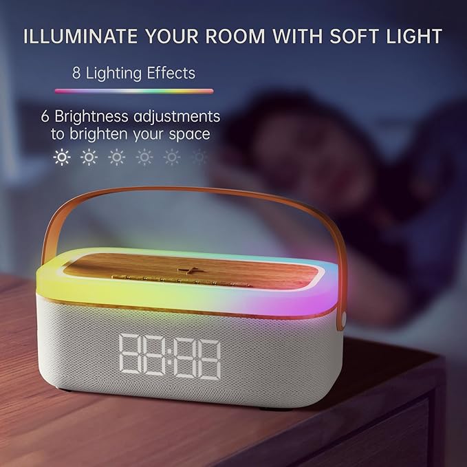 LOVME Alarm Clock Bluetooth Speaker for Bedroom, Bluetooth Stereo Sound Speaker, Fast 15W Wireless Charger, Dimmer, Night Light for Heavy Sleepers, Gift Set, Bedside(Khaki)