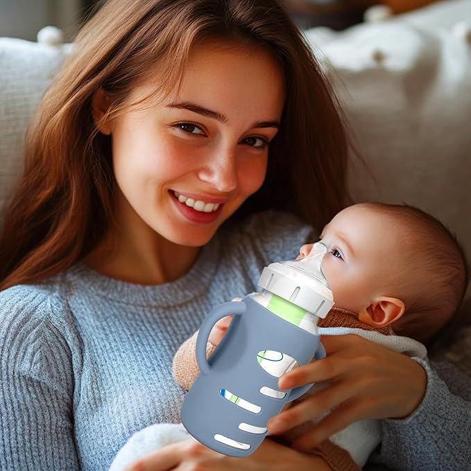 BUSOHA 3 Pack Silicone Sleeves for Dr Brown's Glass Baby Bottles - Drop Protection Baby Bottle Sleeves,Compatible with Dr. Brown's Newborn Glass Bottles,with Silicone Handles,9 oz