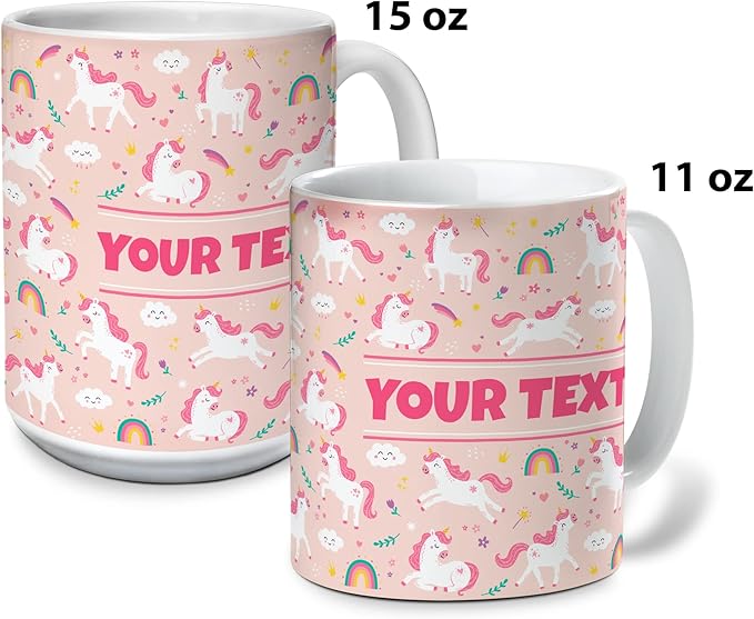 Personalized Mug for Kids - Pink Unicorn - Custom Name/Text, Ceramic Hot Chocolate/Cocoa/Coffee Cup for Girls, Birthday/Christmas/Holiday Gift - 15 oz, Light Blue Handle