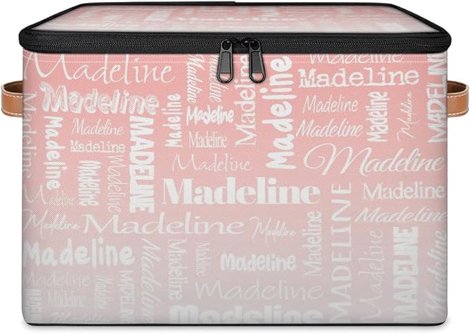 Custom Storage Basket with Name, Personalized Storage Bins with Zipper Lid, Foldable Fabric Storage Box Large capacity with Handle Pink White
