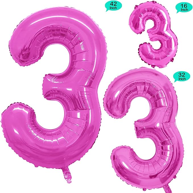 GOER Pink Foil Balloons Number 3,Huge Number Balloons for 3rd 33rd Birthday Party Supplies Anniversary Decorations(3 pcs,42 inch,32 inc,16inch)
