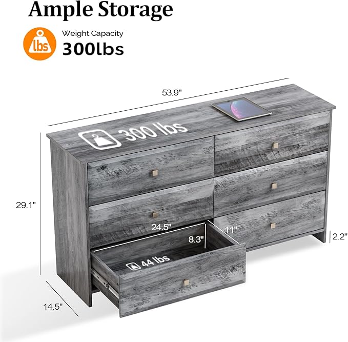 VINGLI Gray Dresser 6 Drawer, 54" Long Dresser for Bedroom, Wood Chest of Drawers with Textured Drawer Fronts, Rustic Grey Dressers Chest, 14.5" D x 53.9" W x 29.1" H