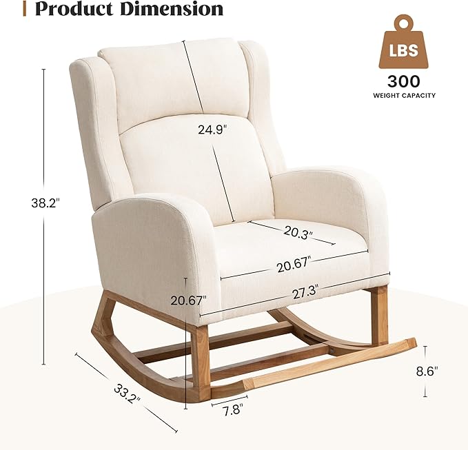 Rocking Chair Nursery, Nursing Rocking Chairs for Mom Nursery, Comfy Wingback Glider Rocking Armchair with Foot Rest and Side Pocket for Nursery Living Room Bedroom, Beige