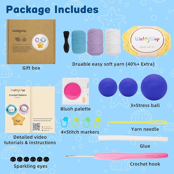 WaldyWop Crochet Kit for Beginners – 3PCS Ocean Friends Wobbles Crochet Animal Kit for Adults & Kids 8-12 – DIY Stress Relief Ball w/ 40% Extra Yarn, Easy Video & Instructions – Gift for Girls & Women
