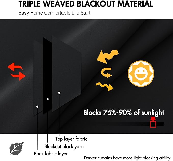 ANRODUO Back Tab Blackout Curtains for Bedroom Living Room, Rod Pocket Pinch Pleated Thermal Insulated Room Darkening Curtains 94 Inches Long 2 Panels, Black, 42 x 94 Inch