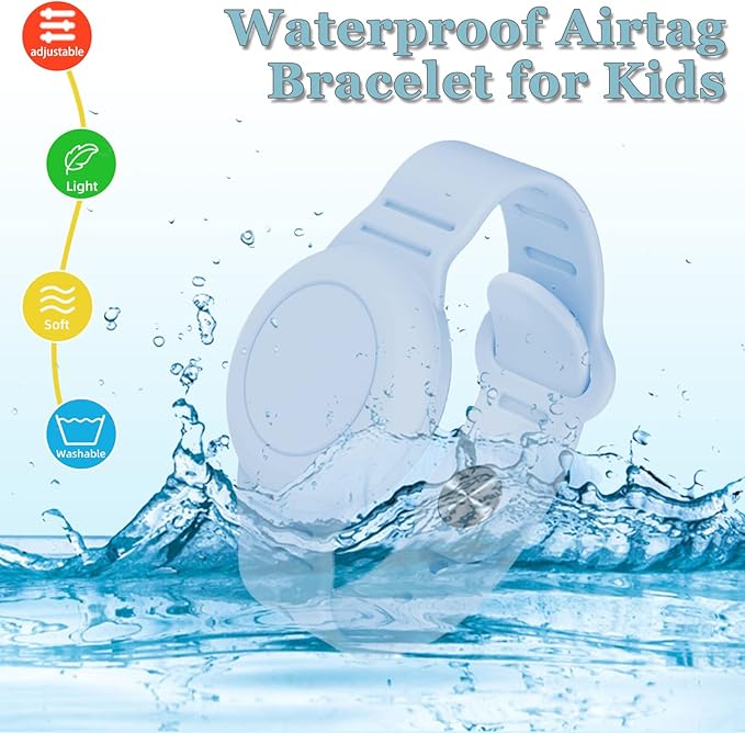 Kids Waterproof Airtag Bracelet Compatible with Apple AirTag, Hidden Silicon Protective Case for Air Tag GPS Tracker Holder, Adjustable Anti-Lost Watch Band for Toddler Child (Blue)