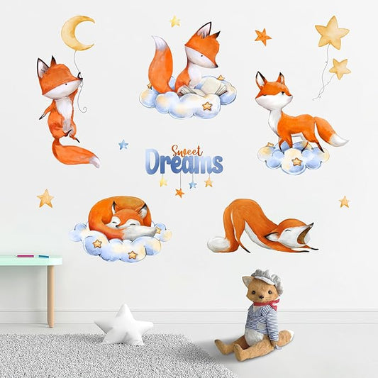 Yovkky Sweet Dream Sleeping Fox Wall Decals Stickers, Cloud Moon Stars Neutral Toddler Baby Nursery Decor, Cute Home Decorations Kids Bedroom Playroom Art