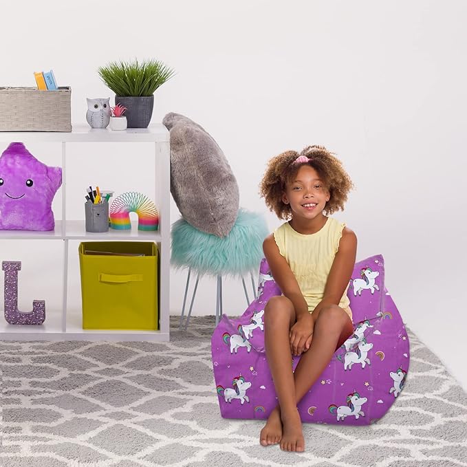 Posh Creations Structured Comfy Bean Bag Chair for Gaming, Reading, and Watching TV, Newport Chair, Canvas - Unicorn and Rainbows on Purple
