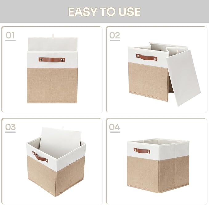 HNZIGE Fabric Storage Baskets Cubes Bins for Shelves, 11 x11 Foldable Storage Bins, Decorative Storage Basket with Leather Handles for Storage Clothes Home Nursery(White Beige-4Pack)