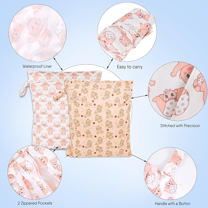 2pcs Travel Waterproof Laundry Bag, Cloth Diaper Wet Dry Bags with Handle & 2 Zipper Pockets, Reusable Washable Dirty Clothes Bag for Baby Adult Travelling Hanging, Bathing Beach Pool Daycare