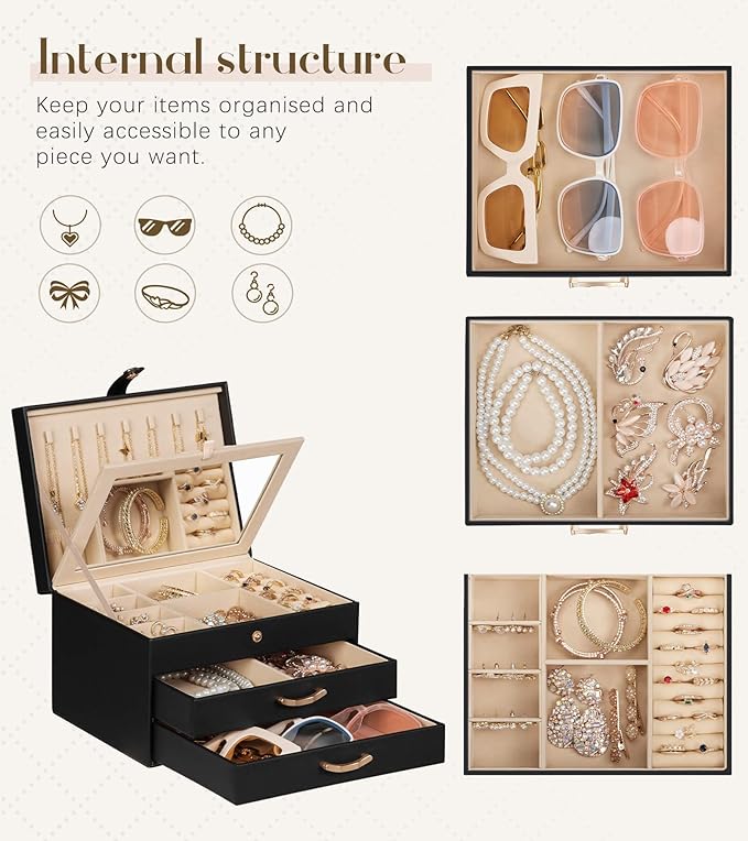 Black Jewelry Box Organizer: Home Decor for Women - 2-Drawer Holder for Valentine’s Day Birthday Christmas Black Grey-Blue