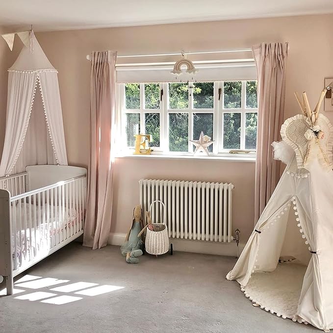 Bed Canopy with Pom Pom Cotton Canopy for Kids Crib Baby Girl Netting Cover Canopy Crib Curtain Reading Nook Hanging Tent Nursery Play Game Castle Room Decoration (White)