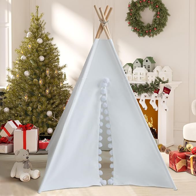 Teepee Tent for Kids with Padded Mat Cotton Canvas Kids Teepee with Pompom for Toddlers Indoor Play Tent for Girls Boys with Stars Lights, Carry Bag, Banner Flag (Snowman)