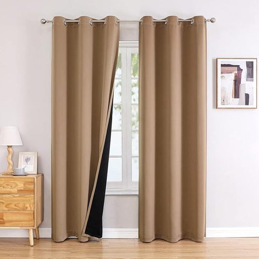 ChrisDowa 100% Blackout Curtains for Bedroom with Black Liner, 2 Thick Layers Total Blackout Thermal Insulated Grommet Window Curtains 2 Panels Set (Cappuccino, 42 x 84 Inch)
