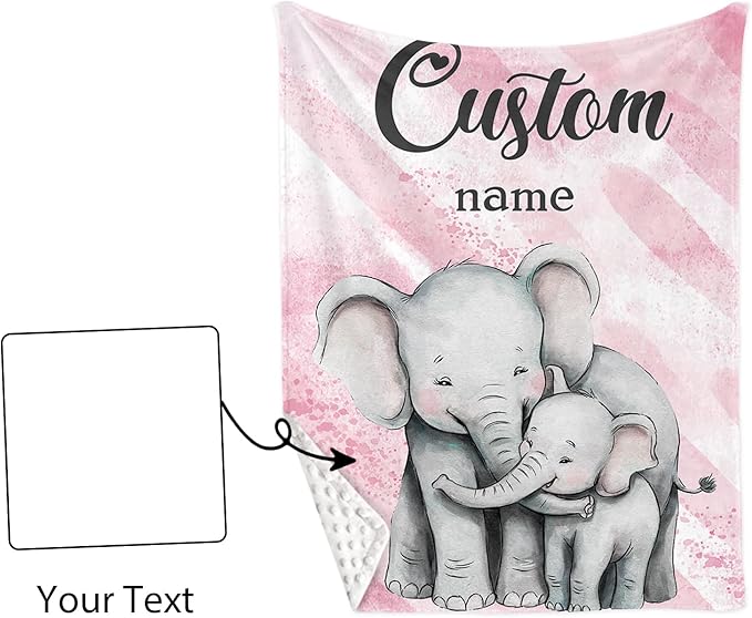 Personalized Baby Crib Bedding Set for Baby Girls, Pink Elephant Design Custom Name Baby Crib Sets 5-Pcs, Toddler Double Layer Blanket Fitted Sheets Changing Pad Cover Rug Wall Art Set