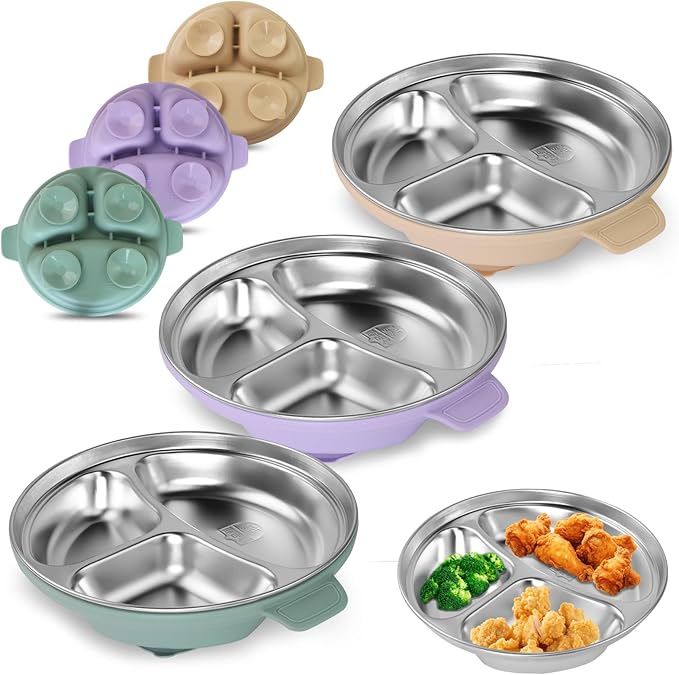 Stainless Steel Toddler Plates with Suction | Non-Slip Divided Baby Plates BPA Free & Non Toxic | Detachable Silicone Base| Dishwasher Safe | Unbreakable Kids Dinnerware 3-Pack