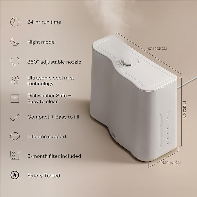 Vitruvi Cloud Bedside Humidifier, White Humidifier, 24 Hr Run Time, 602ft Coverage, Large Home Bedroom, Baby Room - Includes 3 Month Filter