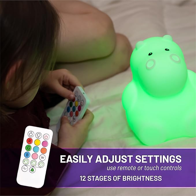 Lumipets Remote Control Silicone Night Light for Kids - Hippo Design with 9 Soft Colors & Sleep Timer - Rechargeable, Battery-Operated Lamp for Bedroom | Baby Nursery, Toddler, Girls, Boys