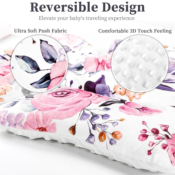 Pea Pod Infant Car Seat Insert with 3 Strap Covers, 3 in 1 Reversible Floral Baby Car Seat Head Support for Newborn, 3D Soft Minky Carseat Cushion for Preemie to Infant, Stroller, Swing, Bouncer