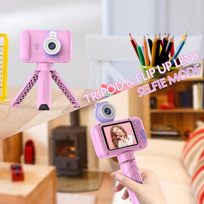 Kids Camera with Flip-up Lens for Selfie & Video, HD Digital Camera with 32GB SD Card, Ideal for 3-8 Years Old Girls Boys on Birthday Christmas Party as Gift(Pink)