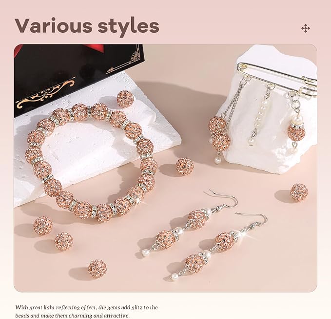 160pcs 10mm Rhinestone Beads for Jewelry Making, Light Peach Shiny Round Disco Ball Beads Bulk, Sparkle Crystal Clay Christmas for Bracelet Baseball Necklace Earring Crafting and DIY