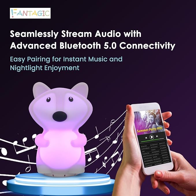 Combined Bluetooth Speaker & Nightlight With 9 Color Emissions, Child Friendly Silicone & BPA Free, USB Recharging, Receives Audio From Computer, Phone Or Tablet, and includes Remote Control (Fox)