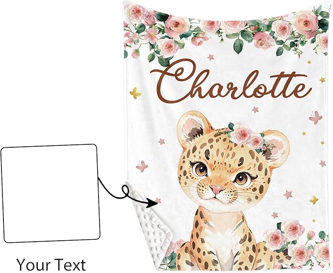 Custom Nursery Crib Bedding Set: Personalized Name 4 Piece Floral Leopard Design Baby Crib Sets for Girls - Toddler Double Layer Blanket Set, Comfortable Crib Bed Sheets for Baby Toddlers