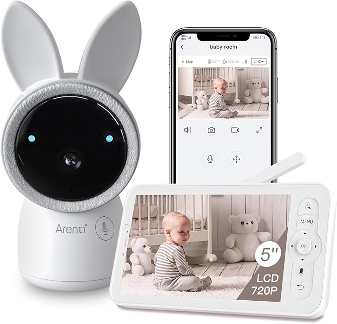 ARENTI Baby Monitor, 2K Video Baby Camera with 5-Inch Upgraded Wireless Display, Super Night Vision, Lullabies, Cry & Motion Detection, Temp & Humidity Sensor, Two Way Audio