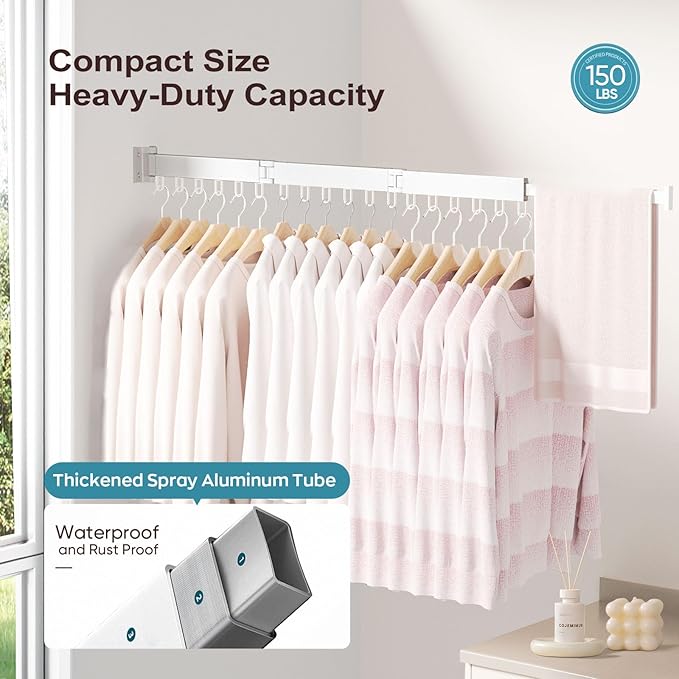 JAUREE Clothes Drying Rack Wall Mounted, Laundry Drying Rack Collapsible, Space Saving Wall Drying Rack Clothing Foldable, Tri-Fold Retractable Rack Outdoor Indoor with 18 Hooks, White