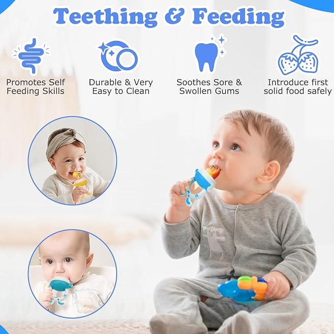 WAJIAYON Baby Fruit Feeder Pacifier | 2 Infant Food Feeder Pacifier & Baby Food Dispensing Spoon | Mesh Fresh Fruit Teethers for Babies Teething Feeders | Shower Gifts for Boys and Girls (Blue)