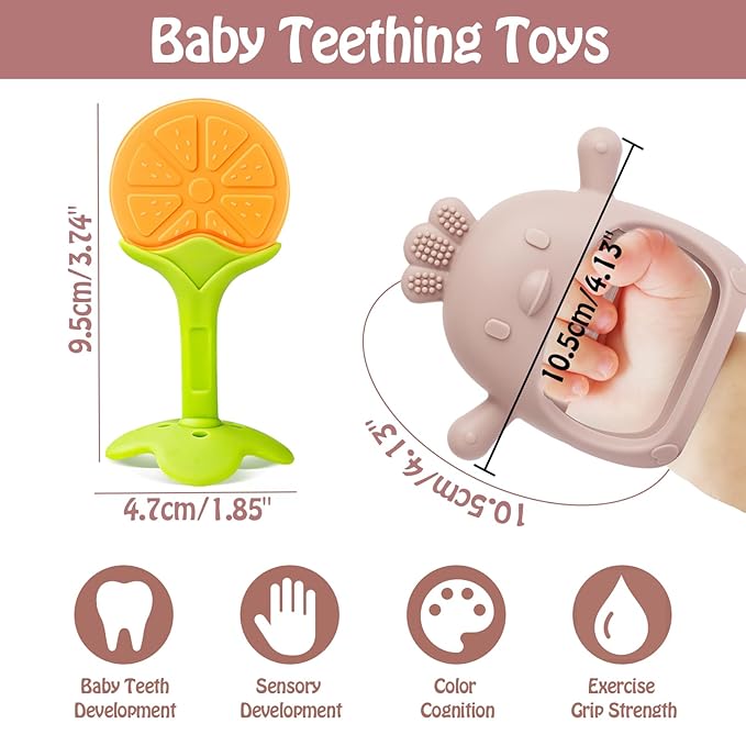 Teething Toys (5 Pack) - Tinabless Infant Teething Relief Toys&Teething Mitten Set, Food Grade Silicone Anti Dropping Wrist Hand Teethers Baby Chew Toys for Sucking Needs, Silicone Baby Teethers(Pink)