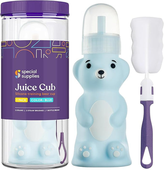 Special Supplies Honey Bear Straw Cup Long Straws, Squeezable Therapy and Special Needs Assistive Drink Container, Spill Proof and Leak Resistant Lid (Pack of 1 Bottle and 3 Straws) (Blue)