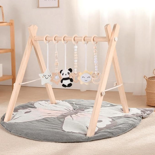 Wooden Play Gym with Mat, Foldable Baby Activity Gyms for Infants Newborn Baby Girl and Boy, Tummy Time Baby Infant Toys 0-6 6-12 Months (Gray)