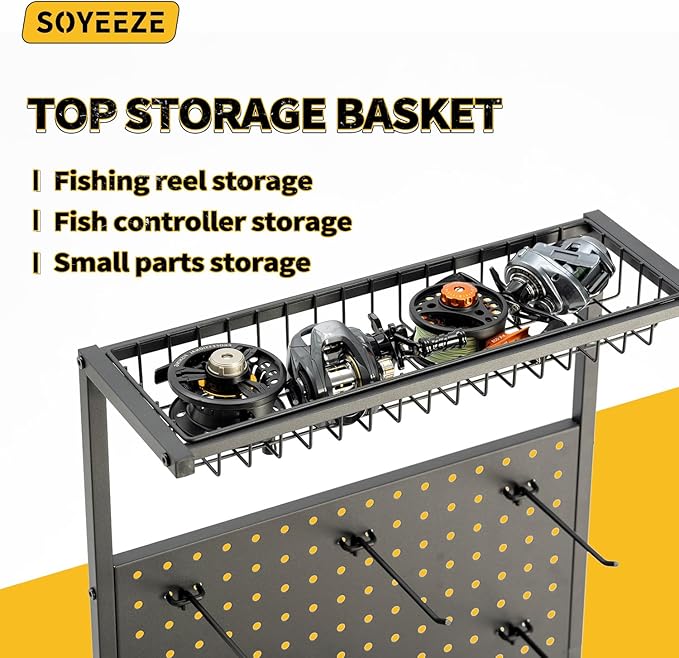 SOYEEZE Fishing Rod Holders for Garage,Fishing Gear Holder for Fishing Rod Tackle Box Storage，Fishing Pole Holders for 12 Rods with Hooks and Pegboard,Fishing Cart with Reel Rack