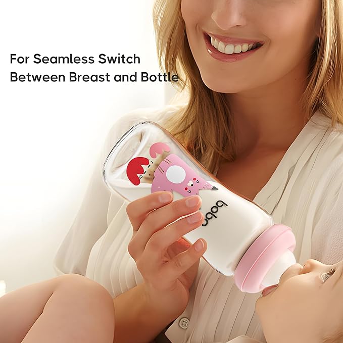 YOHKOH Natural Glass Baby Bottle with Natural Response Nipple, Newborn Anti-Colic Baby Bottles, Wide Neck Mushroom Cap Baby Bottle, Clear (8.8ounce (Pack of 4), Red2)