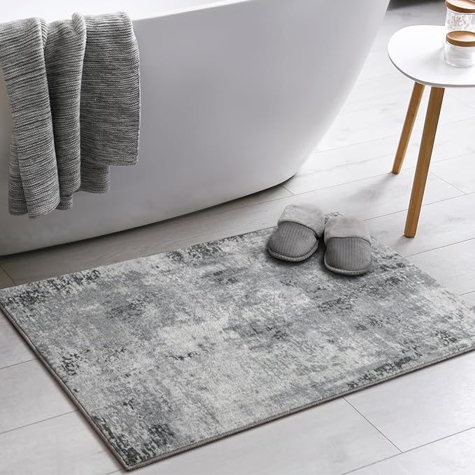 Entryway Rug 2x3 Grey Rug, Washable Abstract Small Rugs Non-Slip Low Pile Throw Rugs for Kitchen Floor, Front Door, Bedroom Bedside
