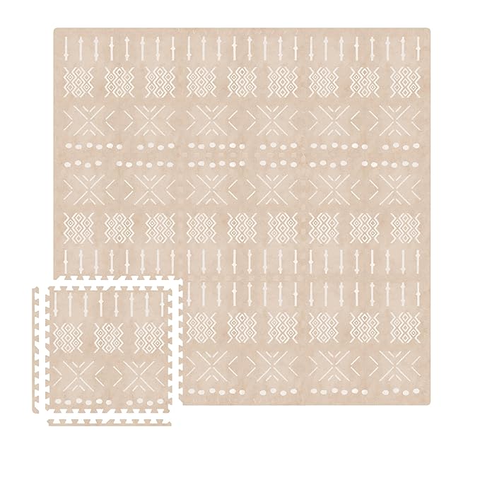 MOON WALKERS Stylish Boho Baby Play Mats for Floor, (6x6ft) Play Mat for Babies and Toddlers, Non-Toxic, Soft, Thick, Tummy Time Mat for Crawling (Extra Large 9 Tiles, Beige Aztec)