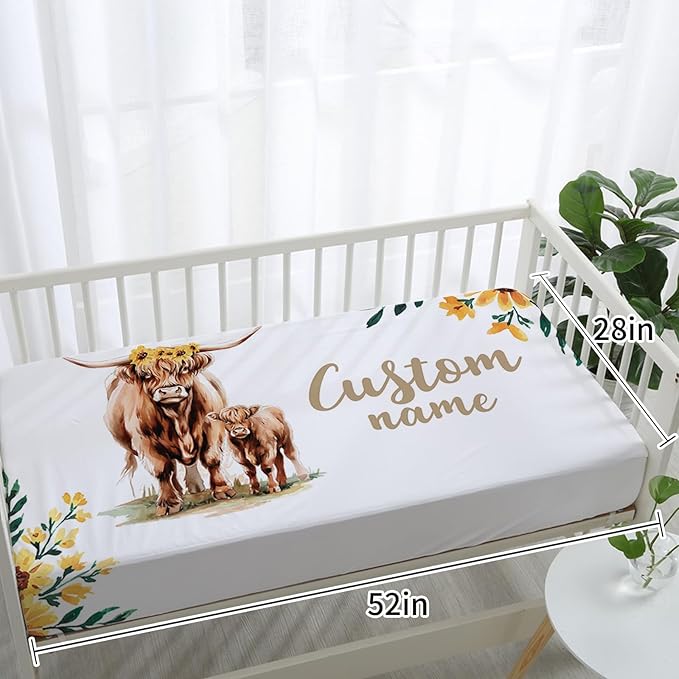 Personalized Nursery Crib Bedding Set: Custom Name Yellow Floral 5 Piece Baby Crib Sets with Highland Cattle Design - Toddler Double Layer Blanket Set, Comfortable Crib Bed Sheets for Baby Grils