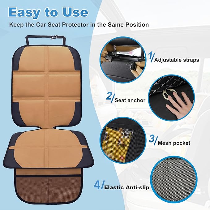 Car Seat Protector for Child Car Seat, 2 Pack Baby Car Seat Covers with Mesh Pockets & Non-Slip Backing 600D Durable Seat Protector (Brown, Standard)