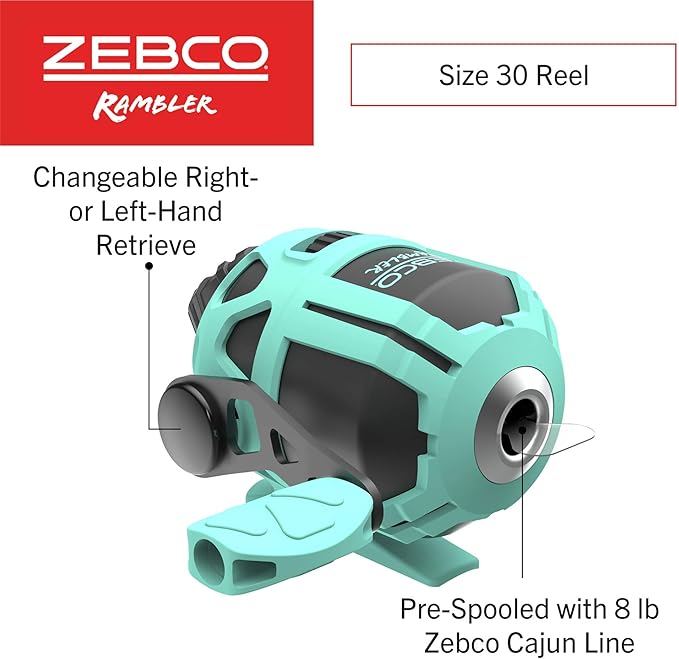 Zebco Rambler Fishing Reel and Rod Combo, Durable Fiberglass Rod with Built-in Carabiner, Patented No-Tangle Reel, Pre-Spooled with 8-Pound Zebco Fishing Line
