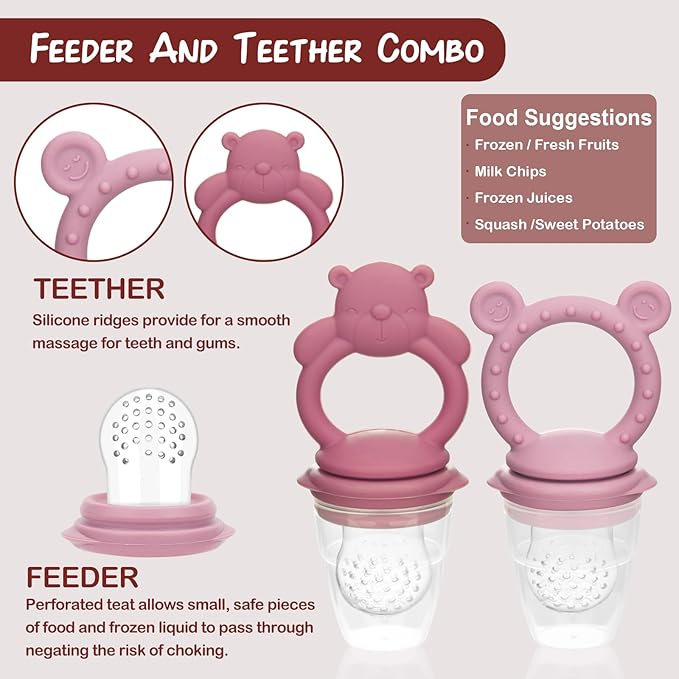 WAJIAYON Baby Breastmilk Popsicle Molds & Baby Fruit Feeder (4 Pack), Infant Food Freezer Tray Storage Containers, Silicone Teething Pacifier Feeder and Teether for Babies,Moss and Fawn Feeder(Pink)