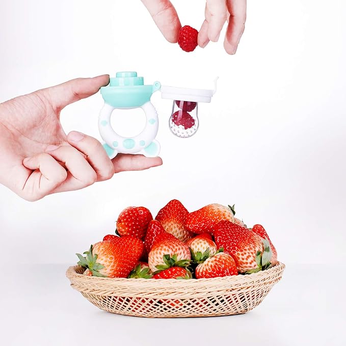 Baby Fruit Food Feeder Pacifier - Fresh Food Feeder, Infant Fruit Teething Teether Toy for 3-24 Months, 6 Pcs Silicone Pouches for Toddlers & Kids & Babies, 2-Pack (Cyan)