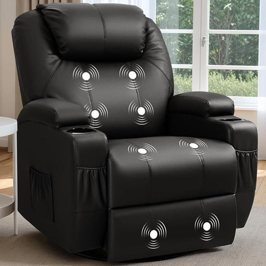 Recliner Chair, 360° Swivel Rocker Chair for Adults, Rocking Recliner Chair with Massage, Comfy Single Sofa with Side Pockets Cup Holders for Living Room, Bedroom, Nursery (Leather, Black)