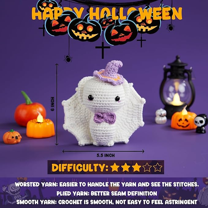 MAGIMUSE Crochet Kit for Beginners, Crochet Starter Kits Halloween Amigurumi Knitting Crochet Animals Kits Hooks Yarn Set with Step-by-Step Video Tutorials, 3 Colorful Bats (40%+ Yarn)…