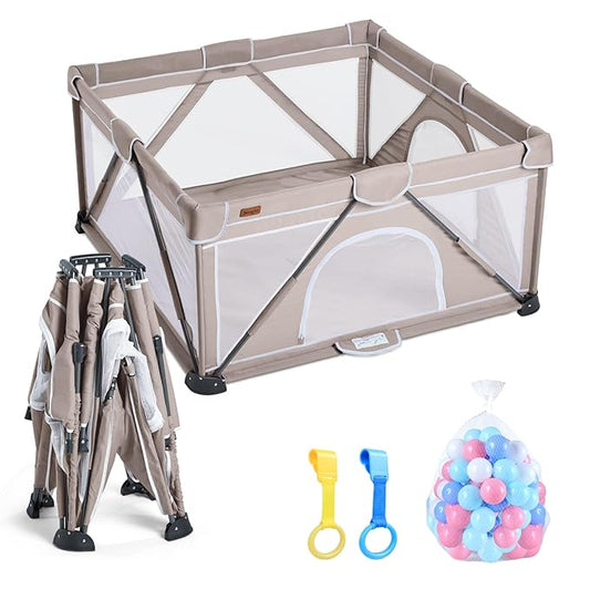 Baby Playpen Foldable, Playard for Babies and Toddlers, Portable Playpen Activity Center with 50 Balls+2 Handles for Travel, Indoor & Outdoor Play Pen with Mesh 50''x50''