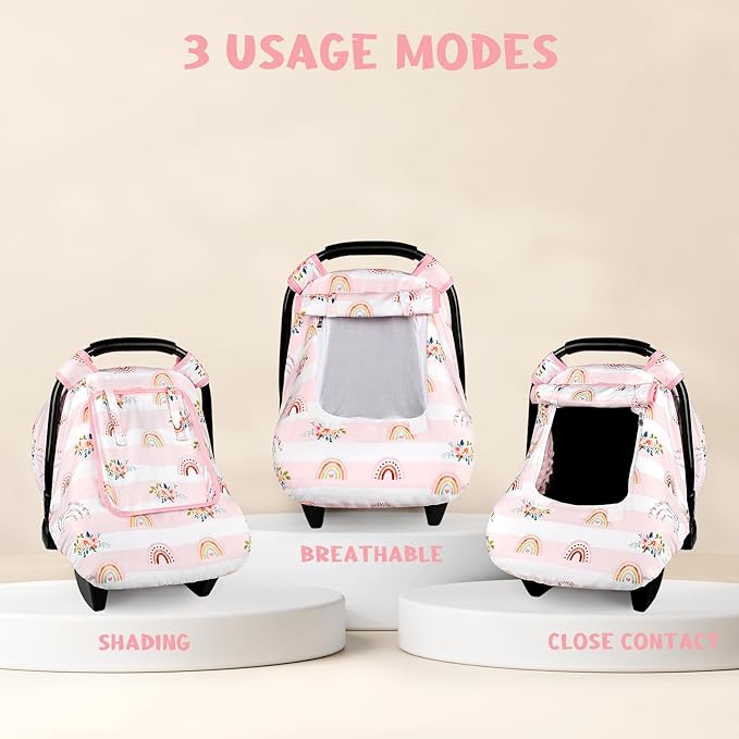 Pea Pod Car Seat Cover Baby, Infant Car Seat Canopy Covers for Newborn with 2 Layers Windows of Breathable Mesh Fabric, Lightweight Polyester/Soft Minky Dot Backing (Floral & Rainbow)