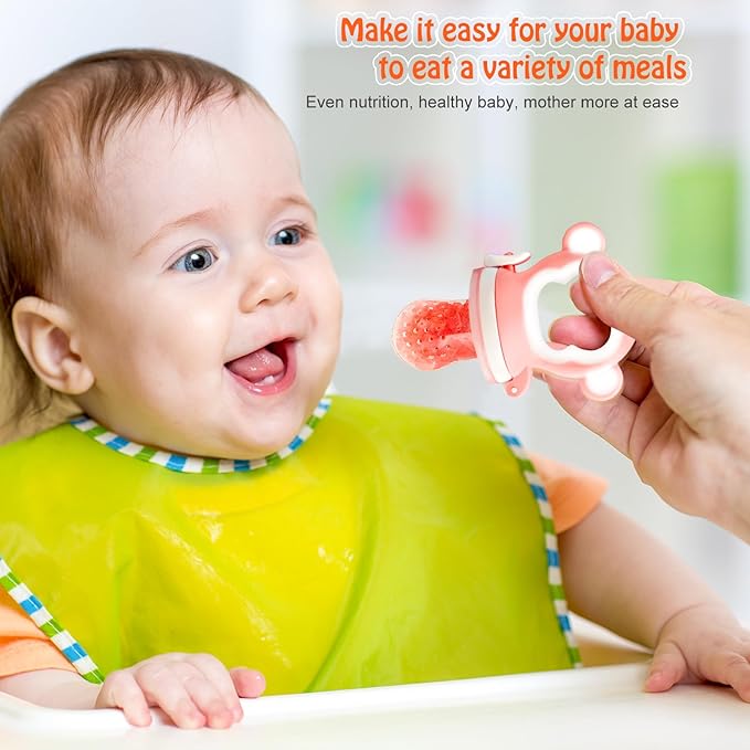 Baby Fruit Food Feeder - Silicone Nibble Tray Combo - Breastmilk Popsicle Mold for Cooling Relief, BPA Free Mesh Feeder for Infant Self Feeding (Monkey Pink + Pineapple)