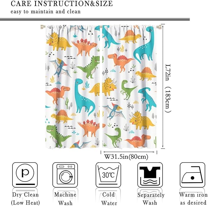 Kids Dinosaur Curtains for Boy Girl Bedroom Decor Cartoon Dino Colorful Cute Funny Animal Wildlife Printed Blackout Rod Pocket Window Drapes for Baby Nursery Playroom Living Room W31.5xL72in 2 Panels